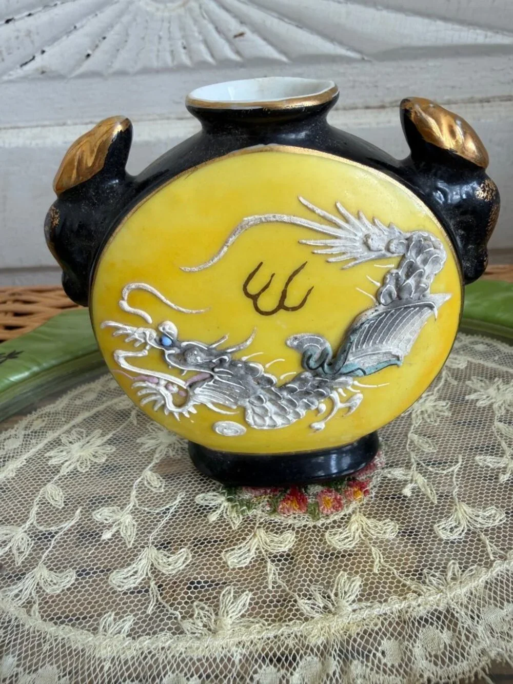 Vintage 40's Japanese Dragonware Yellow Black Small Bottle Vase